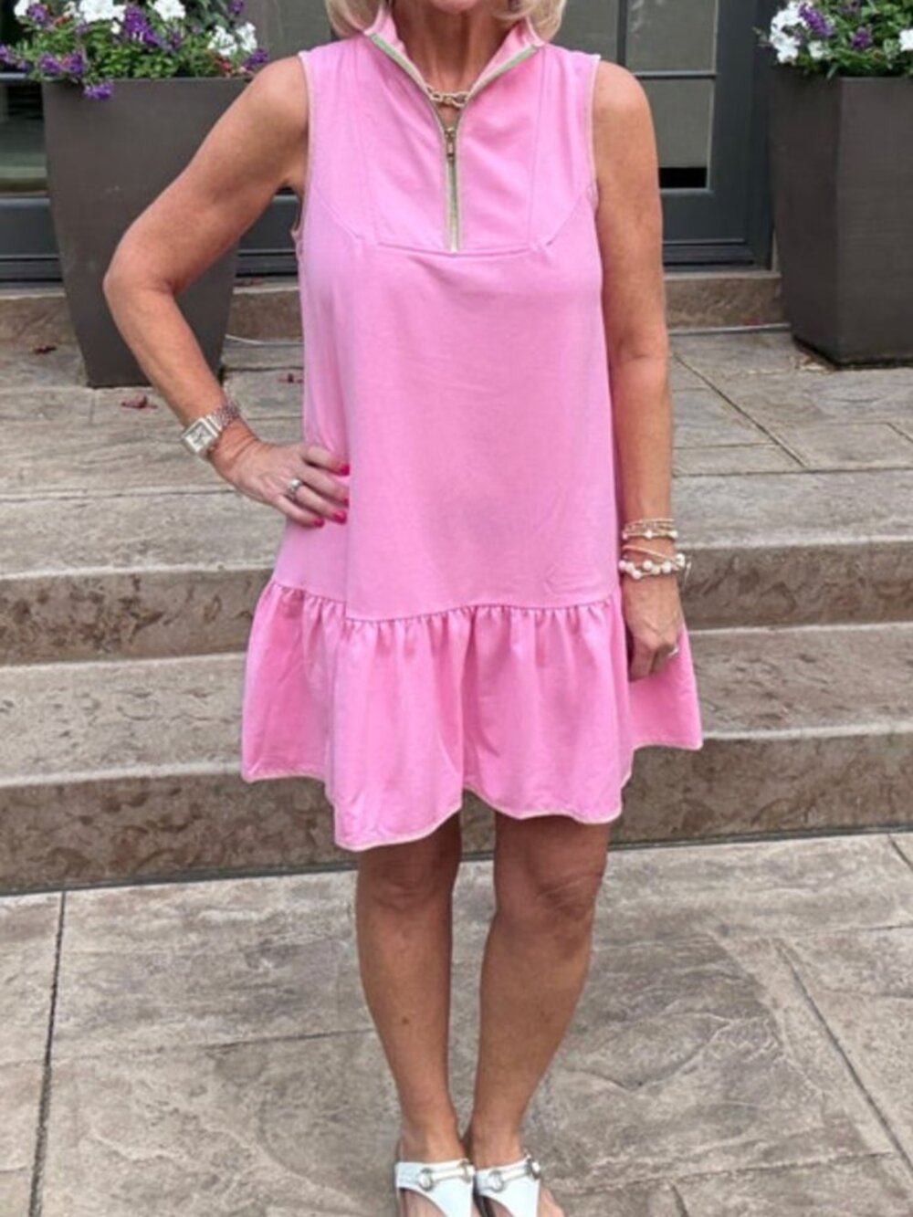 French Terry Half Zip Dress, Pink